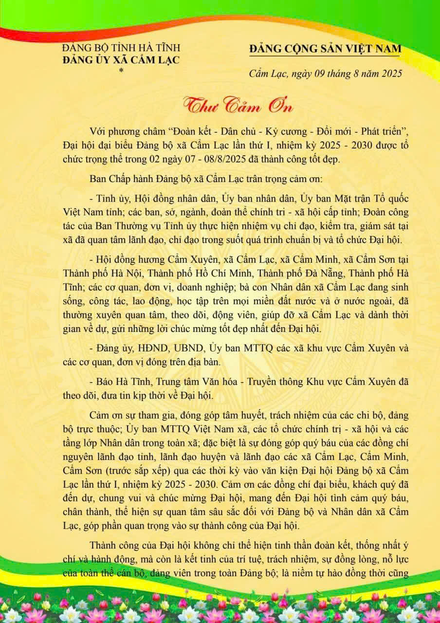 Thư cảm ơn của Ban Chấp hành Đảng bộ xã Cẩm Lạc
