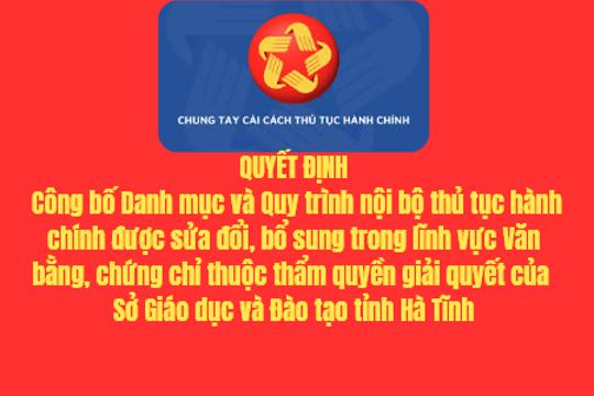 Quyết định Công bố Danh mục và Quy trình nội bộ thủ tục hành chính được sửa đổi, bổ sung trong lĩnh vực Văn bằng, chứng chỉ thuộc thẩm quyền giải quyết của Sở Giáo dục và Đào tạo tỉnh Hà Tĩnh