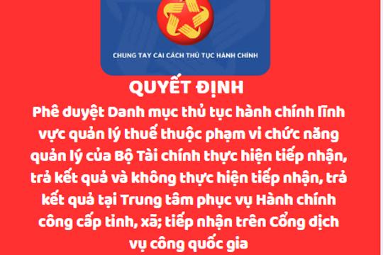 Quyết định Phê duyệt Danh mục thủ tục hành chính lĩnh vực quản lý thuế thuộc phạm vi chức năng quản lý của Bộ Tài chính thực hiện tiếp nhận, trả kết quả và không thực hiện tiếp nhận, trả kết quả tại Trung tâm phục vụ Hành chính công cấp tỉnh, xã; tiếp nhận trên Cổng dịch vụ công quốc gia