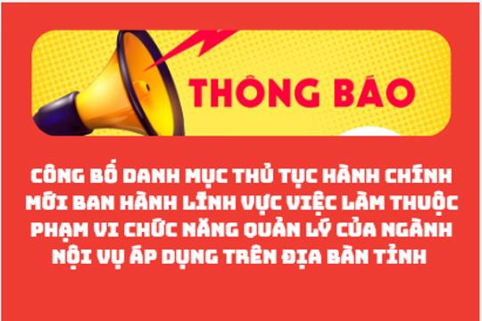 Công bố Danh mục thủ tục hành chính mới ban hành lĩnh vực việc làm thuộc phạm vi chức năng quản lý của ngành Nội vụ áp dụng trên địa bàn tỉnh
