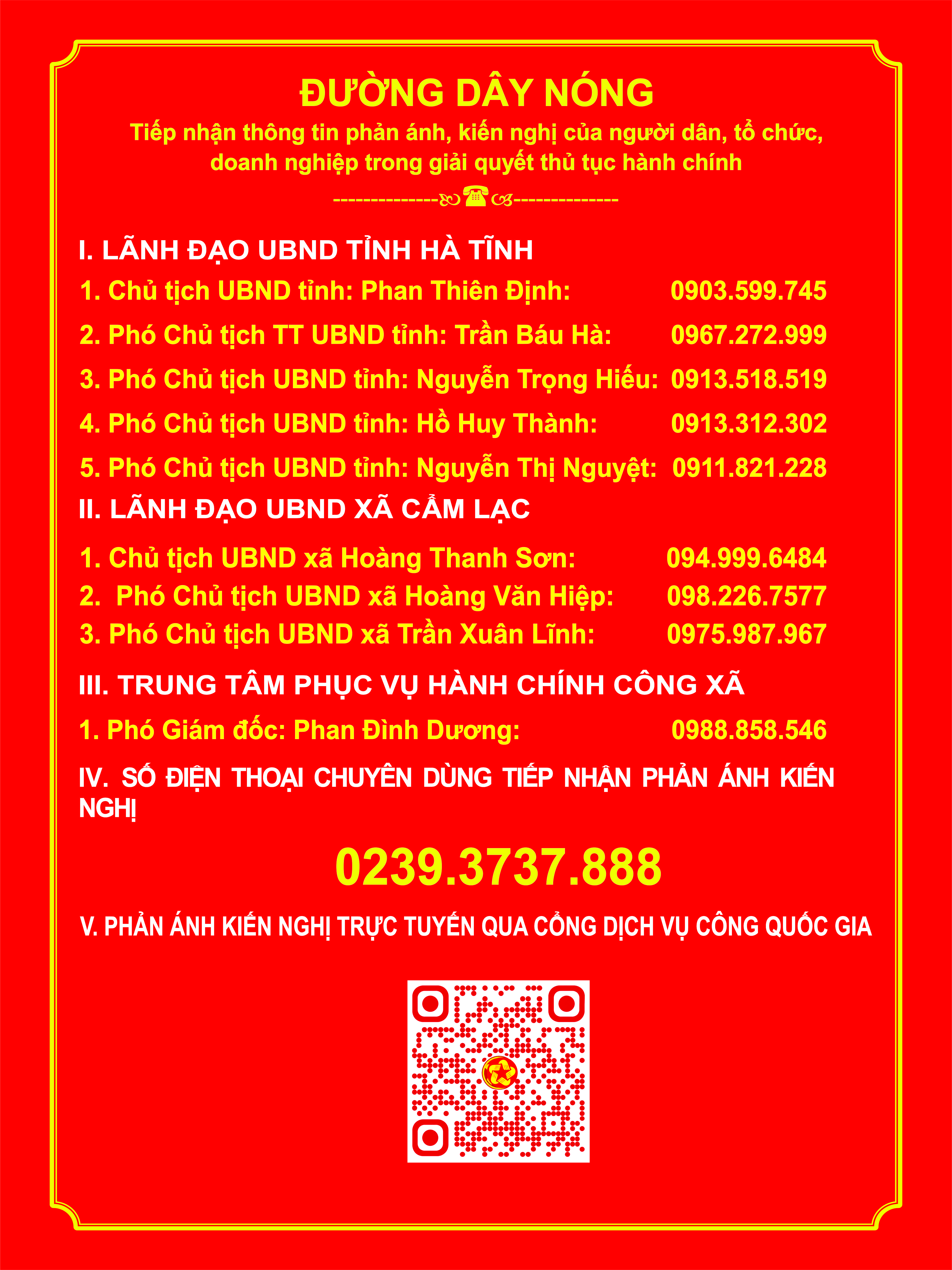 Thông báo đường dây nóng tiếp nhận phản ảnh về giải quyết TTHC
